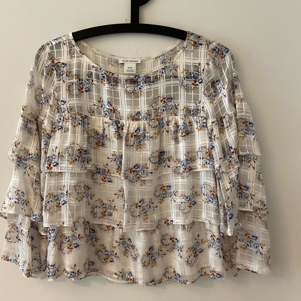 Club Monaco, tiered silk blouse. Floral print